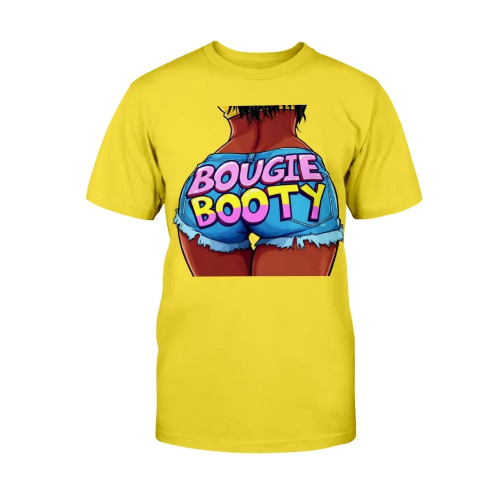 Yellow t-shirt with graphic of a butt and 'BOUGIE BOOTY' text on a white background