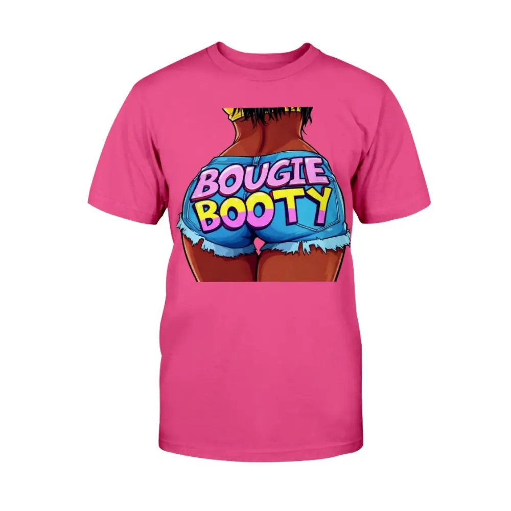 Pink t-shirt with graphic of a woman's butt and 'Bougie Booty' text on a white background