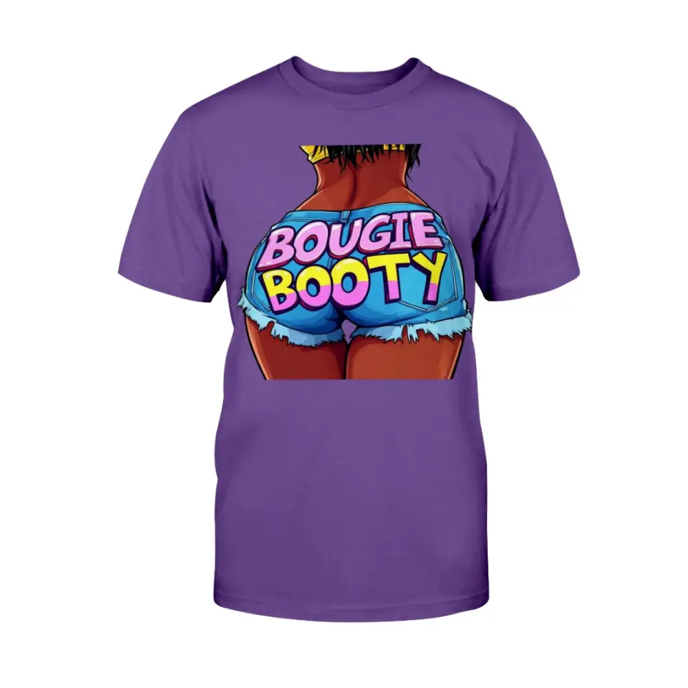 Purple t-shirt with graphic design and text on a white background