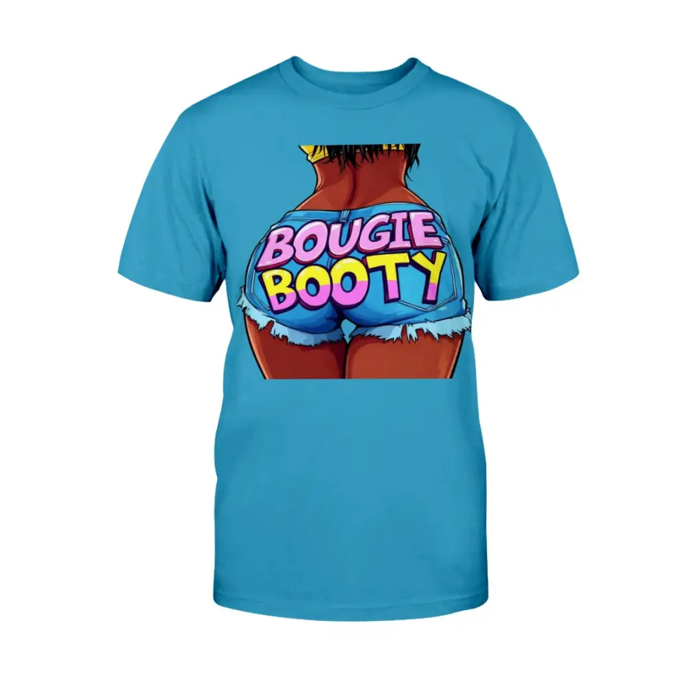 Blue t-shirt with graphic of a butt and 'BOUGIE BOOTY' text on a white background
