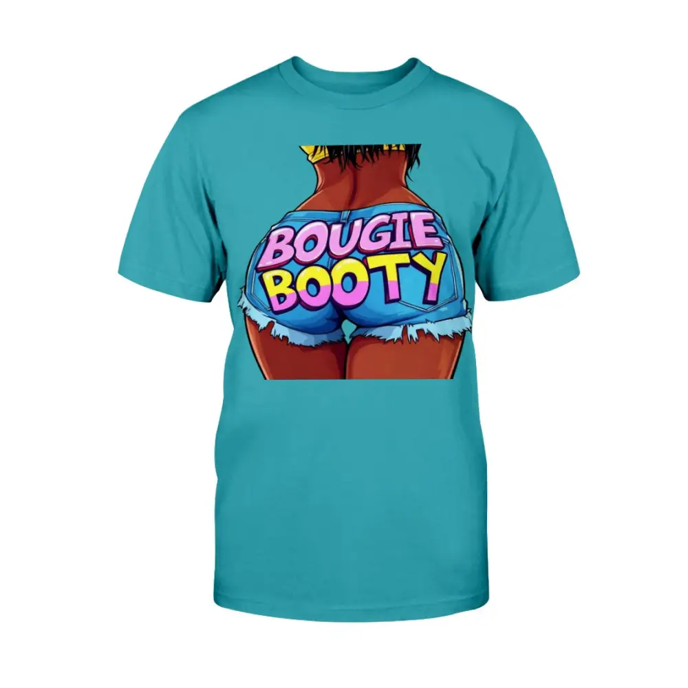 Turquoise t-shirt with a colorful graphic of a butt and 'BOUGIE BOOTY' text on a white background
