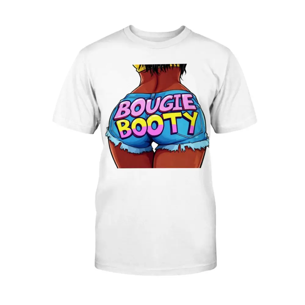 White t-shirt with graphic of a butt wearing blue shorts and colorful text on a white background
