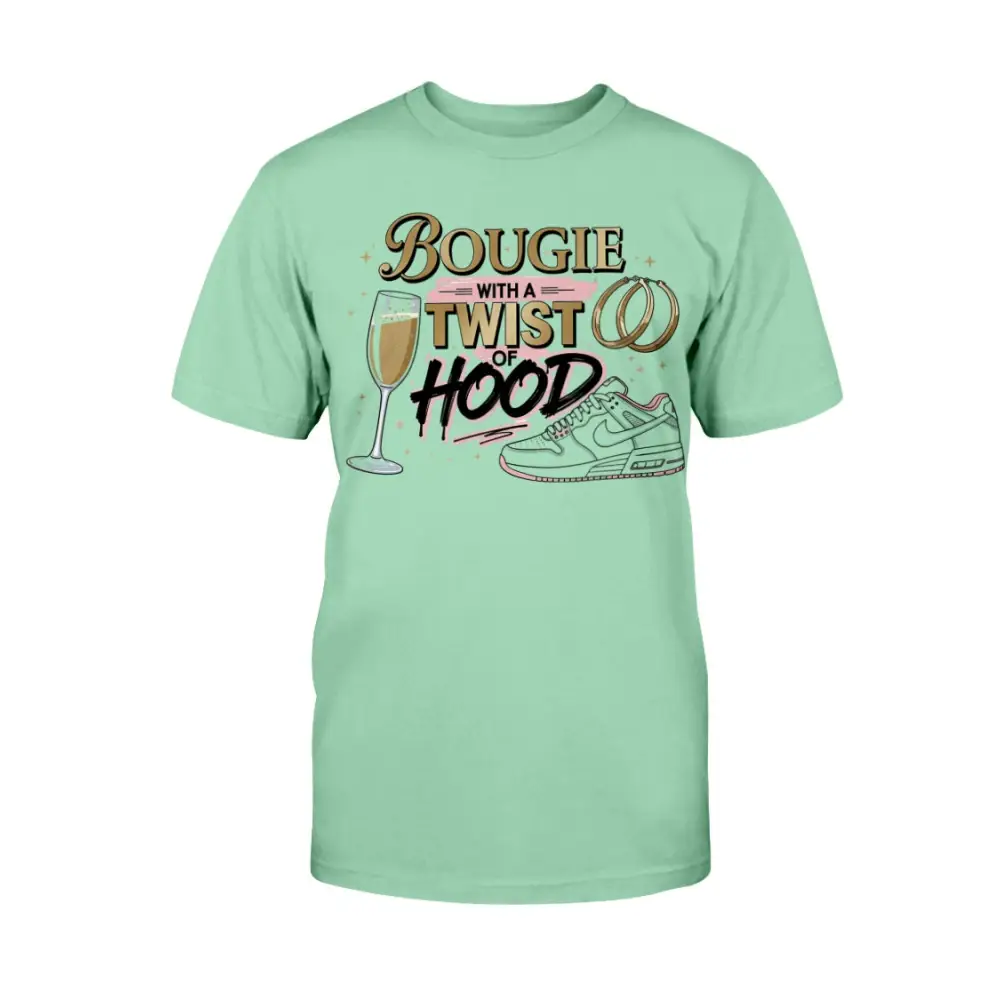 Bougie With a Twist of Hood™ women’s graphic t-shirt featuring champagne glass, hoop earrings, and sneaker illustration on mint green tee — classy streetwear statement shirt blending luxury and urban style.
