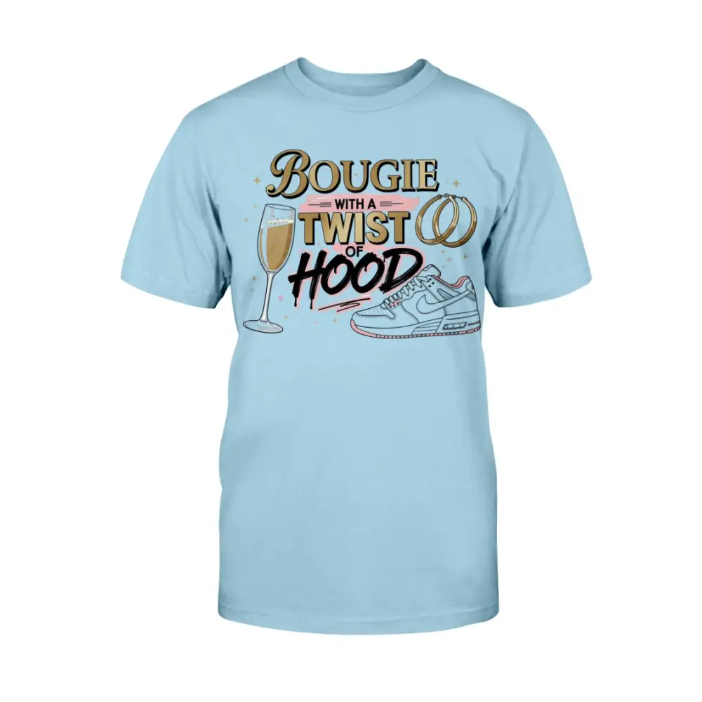 Bougie With a Twist of Hood™ women’s graphic t-shirt featuring champagne glass, hoop earrings, and sneaker illustration on baby blue tee — classy streetwear statement shirt blending luxury and urban style.