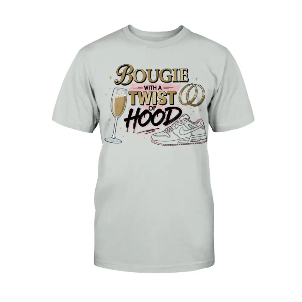 Bougie With a Twist of Hood™ women’s graphic t-shirt featuring champagne glass, hoop earrings, and sneaker illustration on tee — classy streetwear statement shirt blending luxury and urban style.