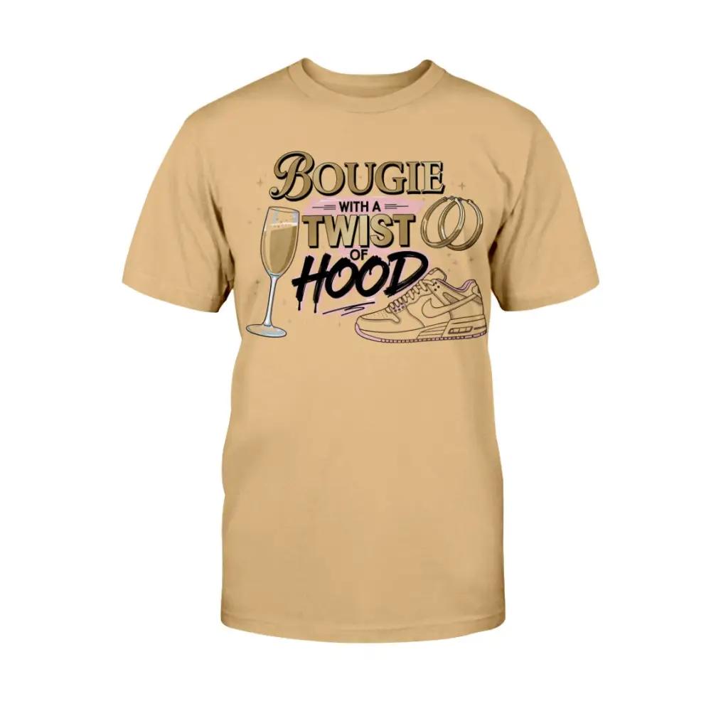 3Bougie With a Twist of Hood™ women’s graphic t-shirt featuring champagne glass, hoop earrings, and sneaker illustration on khaki colored tee — classy streetwear statement shirt blending luxury and urban style.