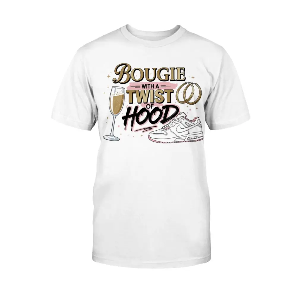 Bougie With a Twist of Hood™ women’s graphic t-shirt featuring champagne glass, hoop earrings, and sneaker illustration on white tee — classy streetwear statement shirt blending luxury and urban style.