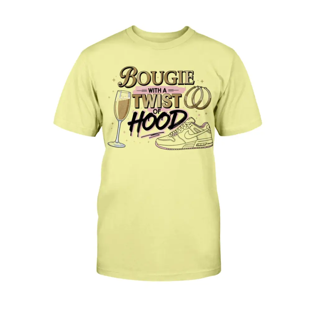 Bougie With a Twist of Hood™ women’s graphic t-shirt featuring champagne glass, hoop earrings, and sneaker illustration on yellow tee — classy streetwear statement shirt blending luxury and urban style.