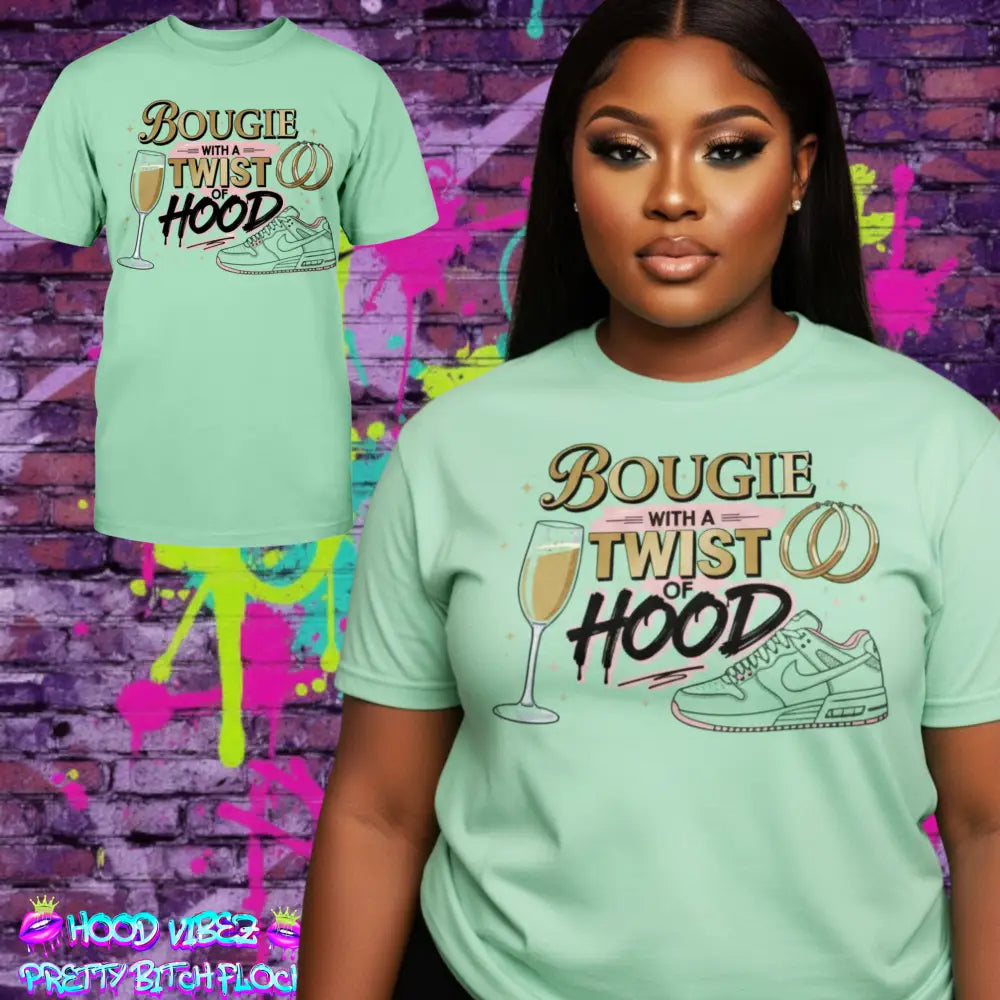 Bougie With a Twist of Hood™ women’s graphic t-shirt featuring champagne glass, hoop earrings, and sneaker illustration on mint green tee — classy streetwear statement shirt blending luxury and urban style.