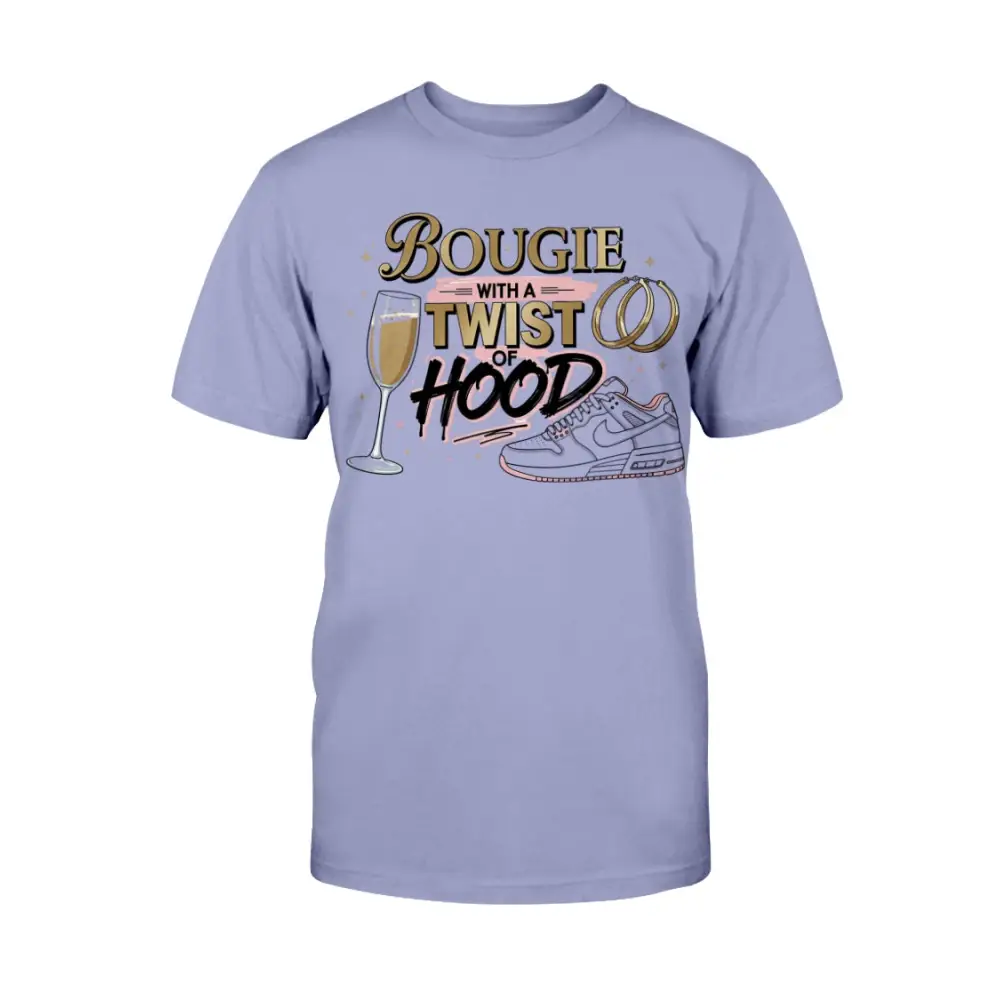 Bougie With a Twist of Hood™ women’s graphic t-shirt featuring champagne glass, hoop earrings, and sneaker illustration on lavender tee — classy streetwear statement shirt blending luxury and urban style.