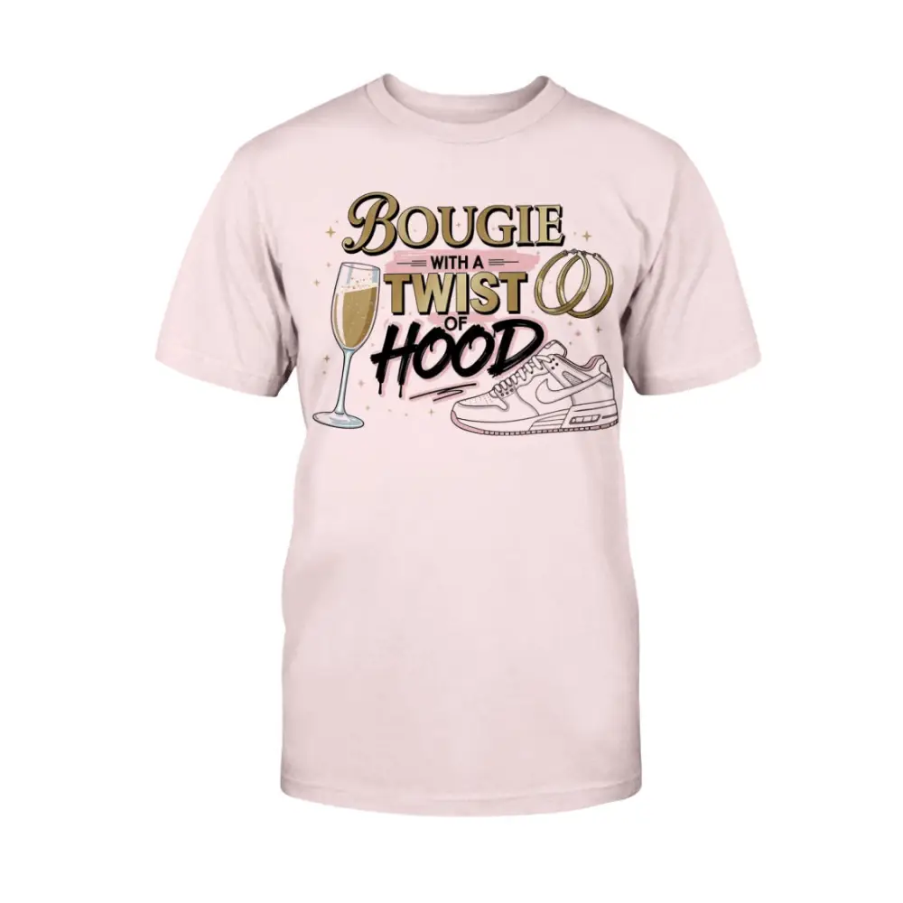 Bougie With a Twist of Hood™ women’s graphic t-shirt featuring champagne glass, hoop earrings, and sneaker illustration on light pink tee — classy streetwear statement shirt blending luxury and urban style.