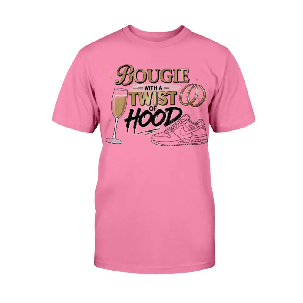 Bougie With a Twist of Hood™ women’s graphic t-shirt featuring champagne glass, hoop earrings, and sneaker illustration on pink tee — classy streetwear statement shirt blending luxury and urban style.