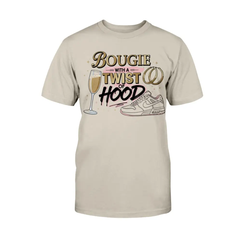Bougie With a Twist of Hood™ women’s graphic t-shirt featuring champagne glass, hoop earrings, and sneaker illustration on beige tee — classy streetwear statement shirt blending luxury and urban style.