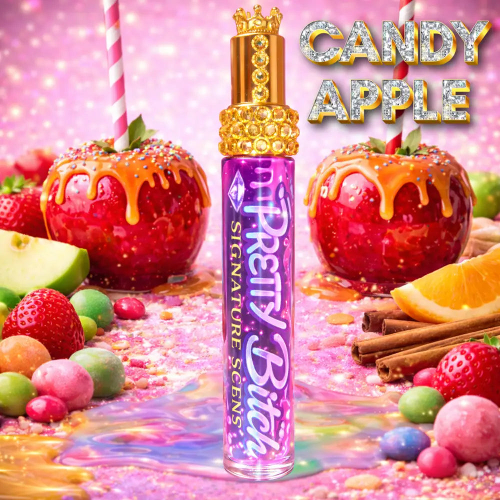 Candy Apple Drip Signature Body Spray by Hood Vibez Pretty Bitch Flock with red liquid, sweet candy apple scented body mist inspired by caramel apples and sugary fruit fragrance.