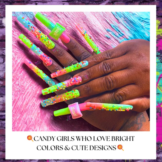“Extra-long neon candy sprinkle press on nails with colorful sprinkles and 3D charms displayed on dark-skinned hands against a pink glitter background.”