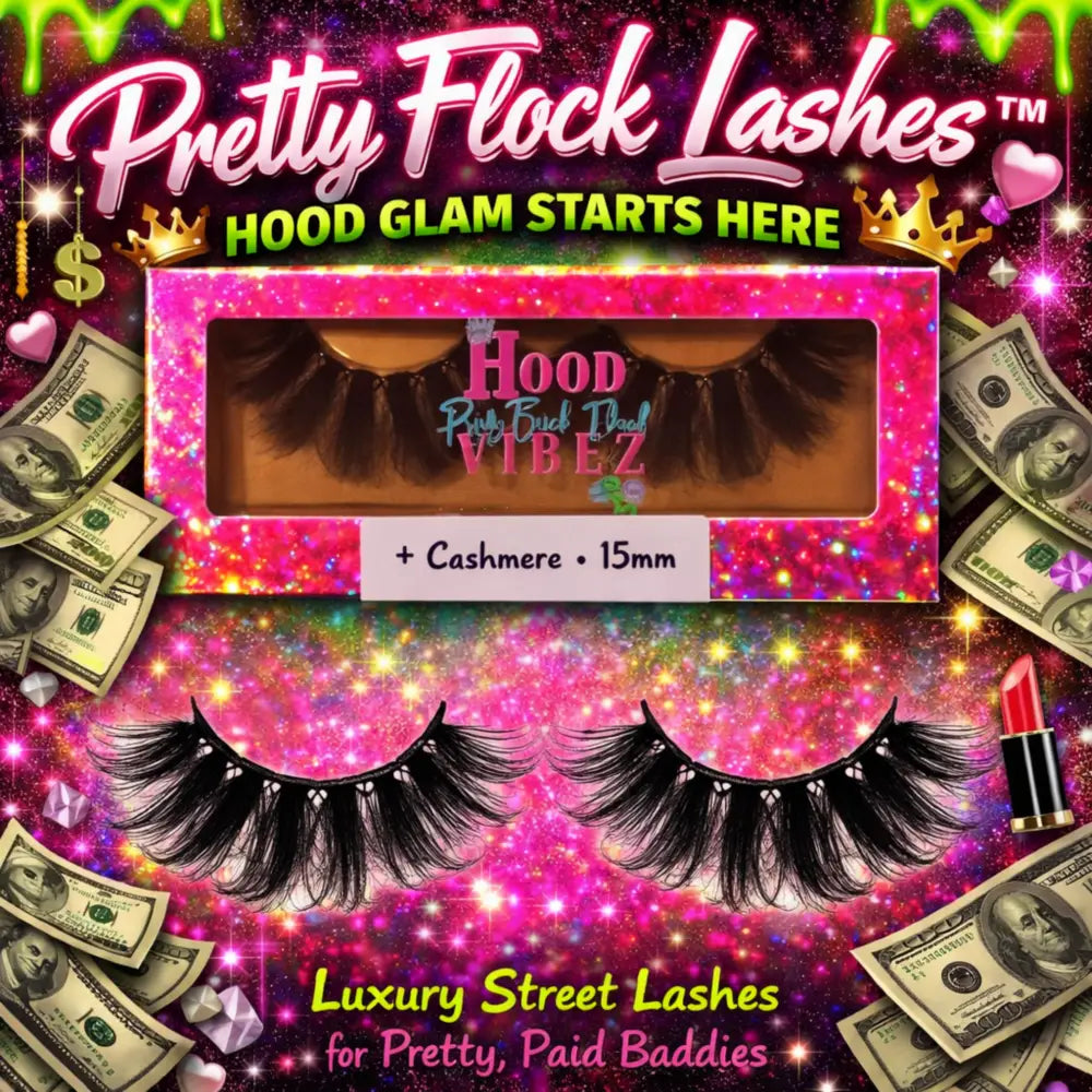 Cashmere 15mm wispy luxury false lashes by Pretty Flock Lashes featuring soft fluffy volume, lightweight band, and glamorous natural eye enhancement displayed in pink glitter packaging.