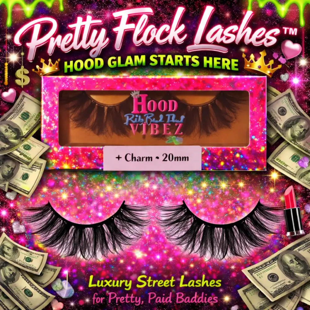 Charm 20mm Wispy False Lashes by Pretty Flock Lashes™, soft volume luxury strip lashes with fluttery wispy layers displayed in branded glitter packaging
