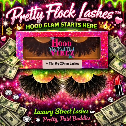 Clarity 20mm wispy glam false eyelashes by Pretty Flock Lashes™, luxury soft volume strip lashes in pink glitter packaging for everyday glam makeup looks