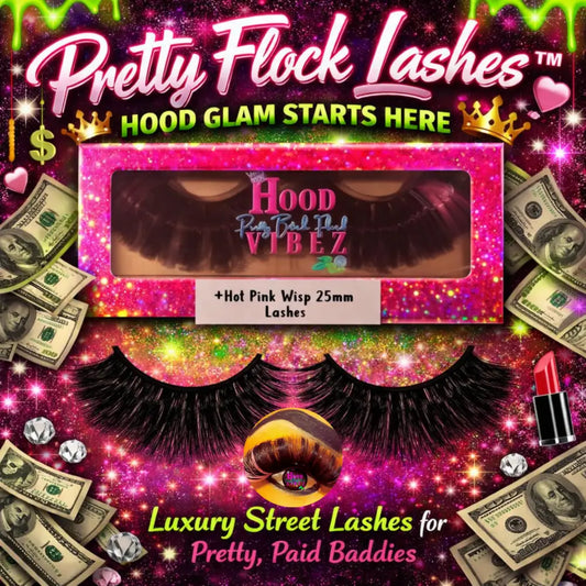 Hot Pink Wisp 25mm Wispy False Lashes by Pretty Flock Lashes featuring bold fluffy volume, lightweight lash band, and dramatic luxury eye glam packaging