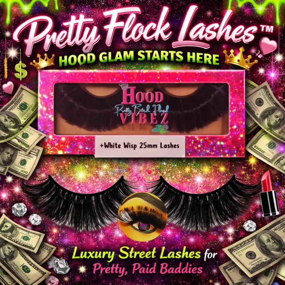 White Wisp 25mm Wispy False Lashes by Pretty Flock Lashes featuring bold fluffy volume, lightweight lash band, and dramatic luxury eye glam packaging