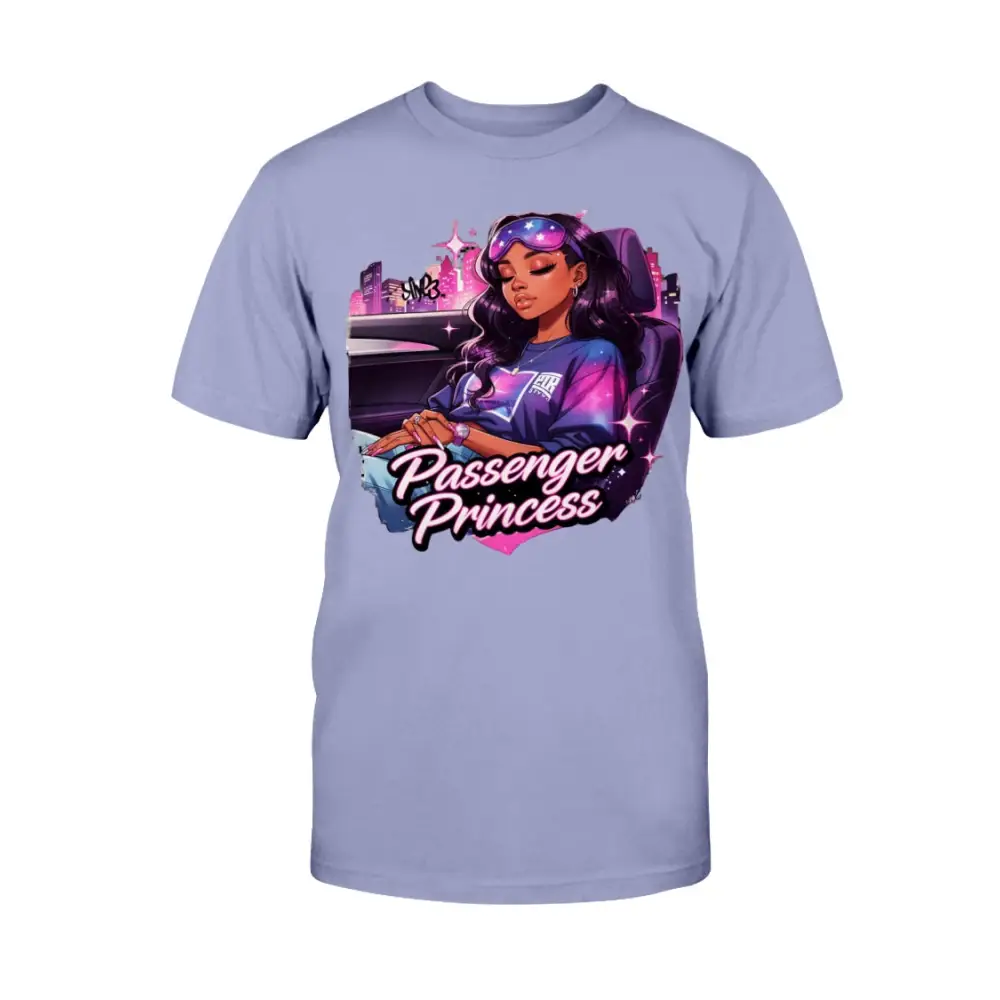 Passenger Princess graphic tee for women featuring urban glam illustration on lavender shirt, feminine streetwear fashion statement t-shirt by Hood Vibez Pretty Bitch Flock