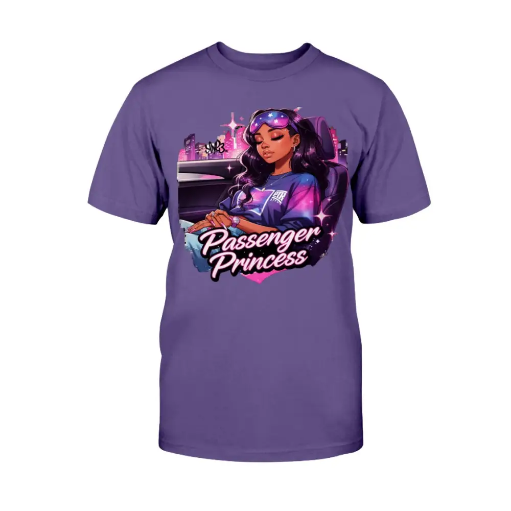 Passenger Princess graphic tee for women featuring urban glam illustration on purple shirt, feminine streetwear fashion statement t-shirt by Hood Vibez Pretty Bitch Flock