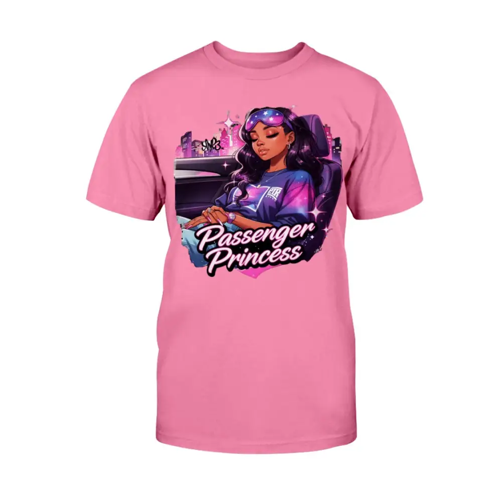 Passenger Princess graphic tee for women featuring urban glam illustration on pink shirt, feminine streetwear fashion statement t-shirt by Hood Vibez Pretty Bitch Flock