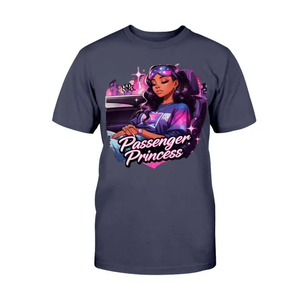 Passenger Princess graphic tee for women featuring urban glam illustration on navy shirt, feminine streetwear fashion statement t-shirt by Hood Vibez Pretty Bitch Flock
