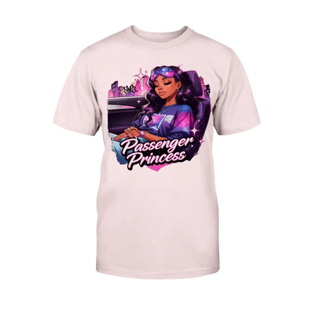 Passenger Princess graphic tee for women featuring urban glam illustration on light pink shirt, feminine streetwear fashion statement t-shirt by Hood Vibez Pretty Bitch Flock