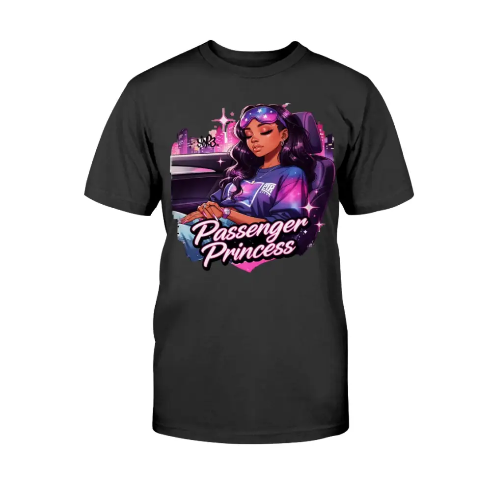 Passenger Princess graphic tee for women featuring urban glam illustration on black shirt, feminine streetwear fashion statement t-shirt by Hood Vibez Pretty Bitch Flock