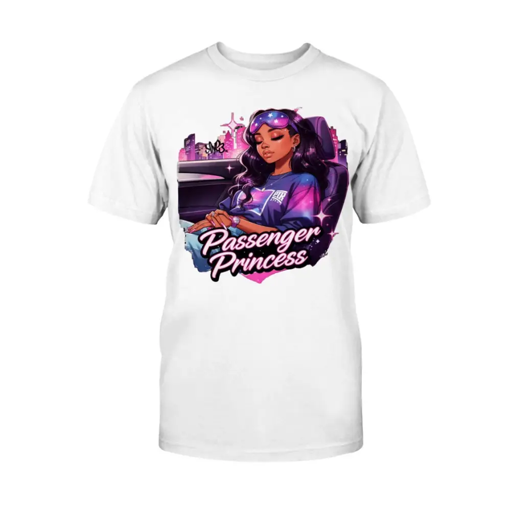 Passenger Princess graphic tee for women featuring urban glam illustration on white shirt, feminine streetwear fashion statement t-shirt by Hood Vibez Pretty Bitch Flock