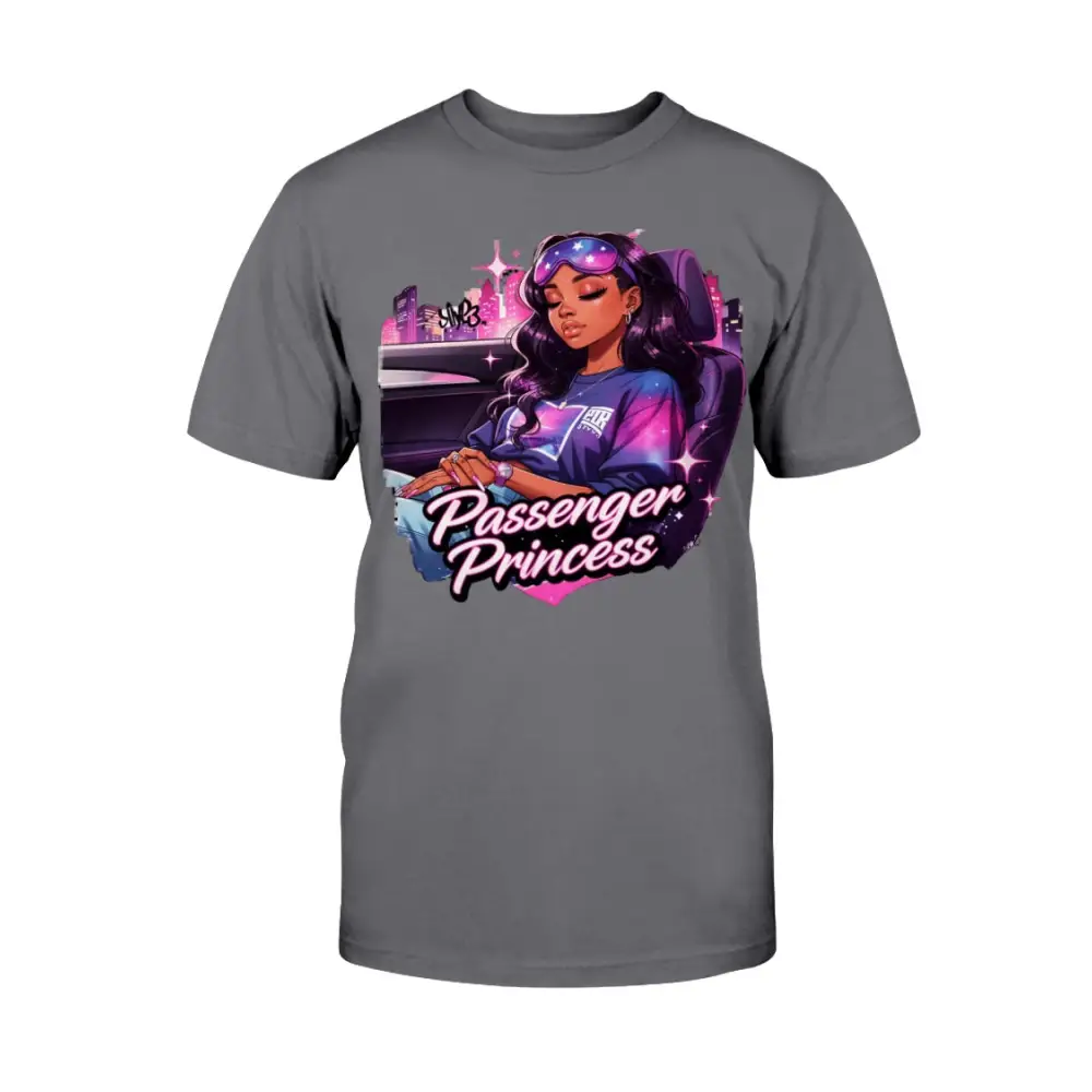 Passenger Princess graphic tee for women featuring urban glam illustration on grey shirt, feminine streetwear fashion statement t-shirt by Hood Vibez Pretty Bitch Flock