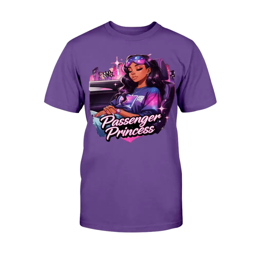 Passenger Princess graphic tee for women featuring urban glam illustration on purple shirt, feminine streetwear fashion statement t-shirt by Hood Vibez Pretty Bitch Flock