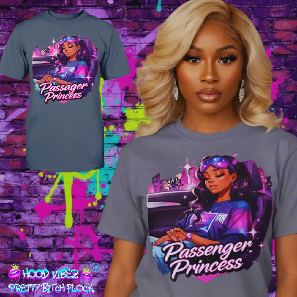 Passenger Princess graphic tee for women featuring urban glam illustration on grey shirt, feminine streetwear fashion statement t-shirt by Hood Vibez Pretty Bitch Flock