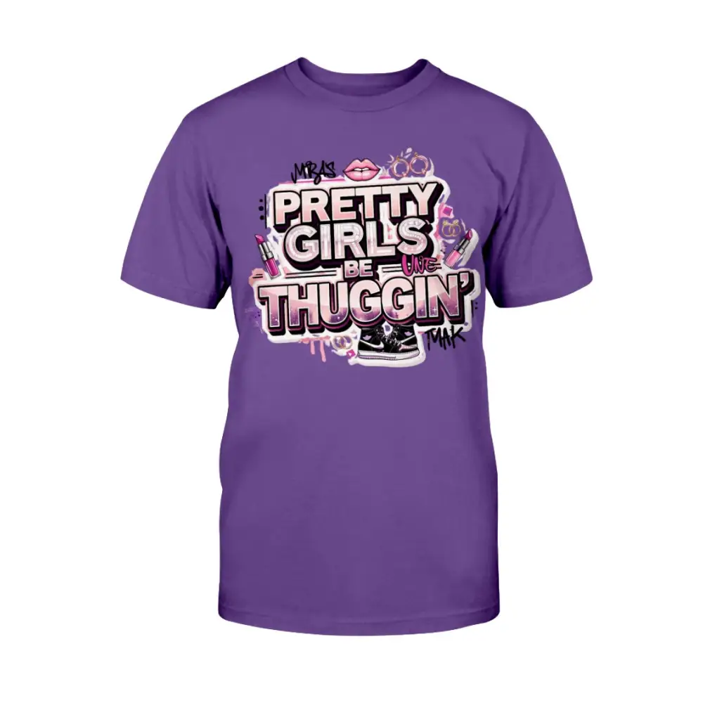 Pretty Girls Be Thuggin’ graphic tee featuring pink glam typography with lipstick and streetwear-inspired design on white t-shirt by Hood Vibez Pretty Bitch Flock