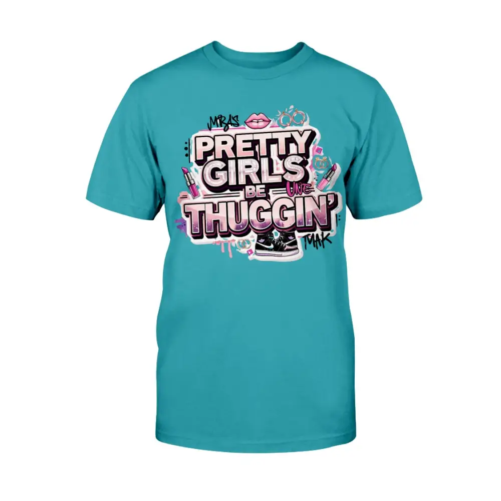 Pretty Girls Be Thuggin’ graphic tee featuring pink glam typography with lipstick and streetwear-inspired design on white t-shirt by Hood Vibez Pretty Bitch Flock