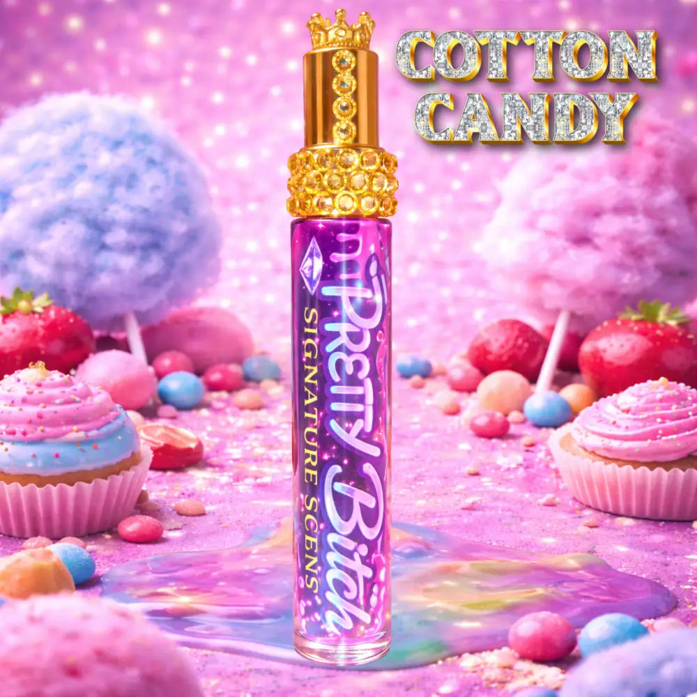 Cotton Candy Perfume 'Pretty Bitch' branding on a colorful cotton candy-themed background with cupcakes and candies.