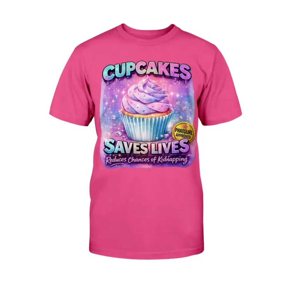 Cupcakes Saves Lives graphic tee featuring pastel cupcake illustration on pink t-shirt, funny cute women’s statement shirt by Hood Vibez Pretty Bitch Flock streetwear brand.