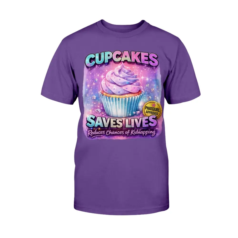Cupcakes Saves Lives graphic tee featuring pastel cupcake illustration on purple t-shirt, funny cute women’s statement shirt by Hood Vibez Pretty Bitch Flock streetwear brand.