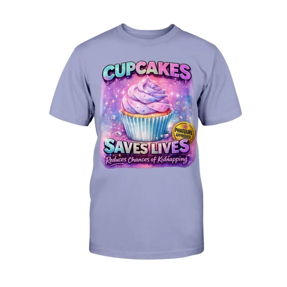 Cupcakes Saves Lives graphic tee featuring pastel cupcake illustration on lavender t-shirt, funny cute women’s statement shirt by Hood Vibez Pretty Bitch Flock streetwear brand.