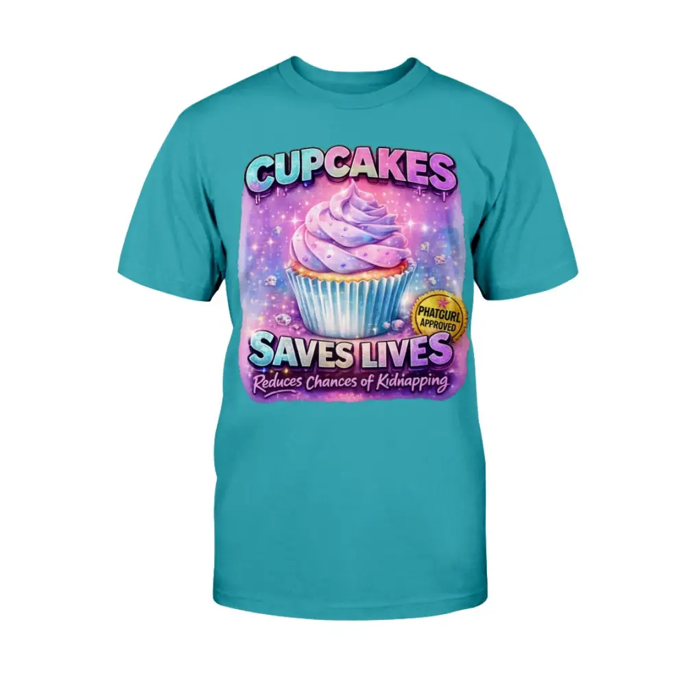 Cupcakes Saves Lives graphic tee featuring pastel cupcake illustration on teal t-shirt, funny cute women’s statement shirt by Hood Vibez Pretty Bitch Flock streetwear brand.