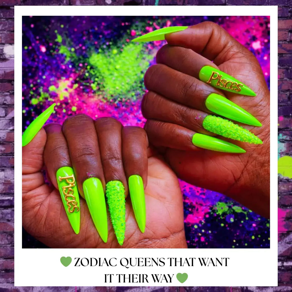 Neon green Pisces press on nails with glitter accent, stiletto shape, custom color and shape options, handmade luxury press on nails.