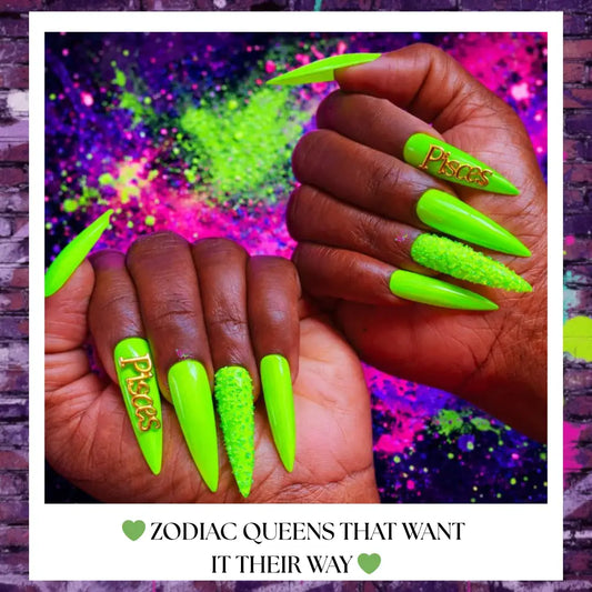 Neon green Pisces press on nails with glitter accent, stiletto shape, custom color and shape options, handmade luxury press on nails.