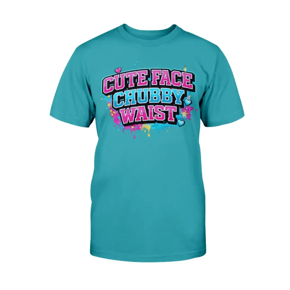 Turquoise t-shirt with colorful text design on a white background