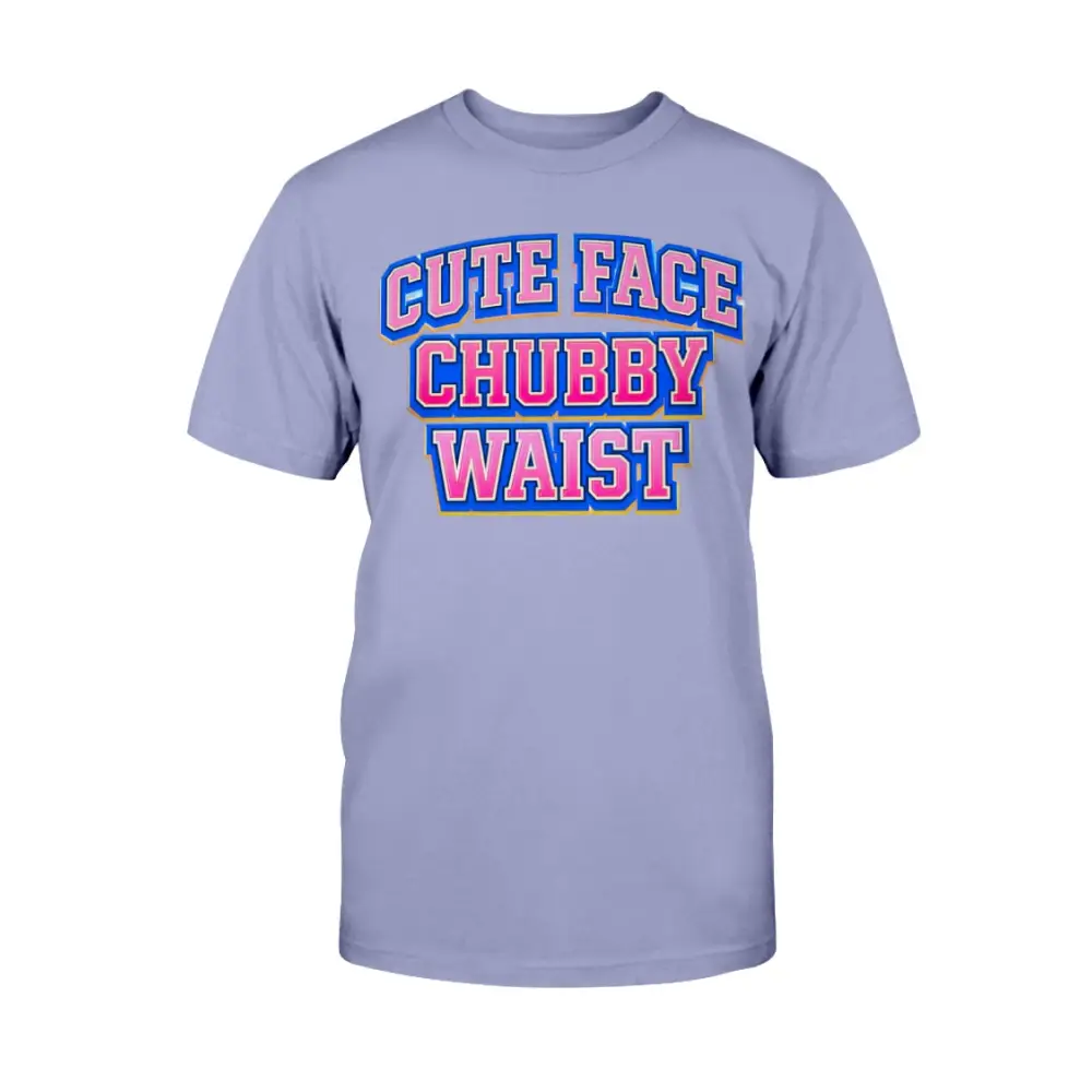 Light purple t-shirt with colorful text on a white background