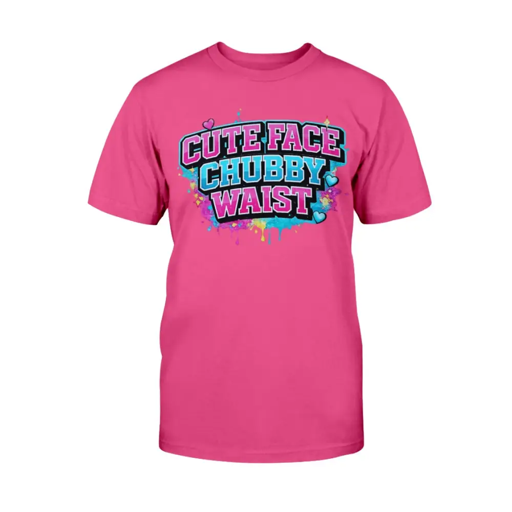 Pink t-shirt with colorful text design on a white background