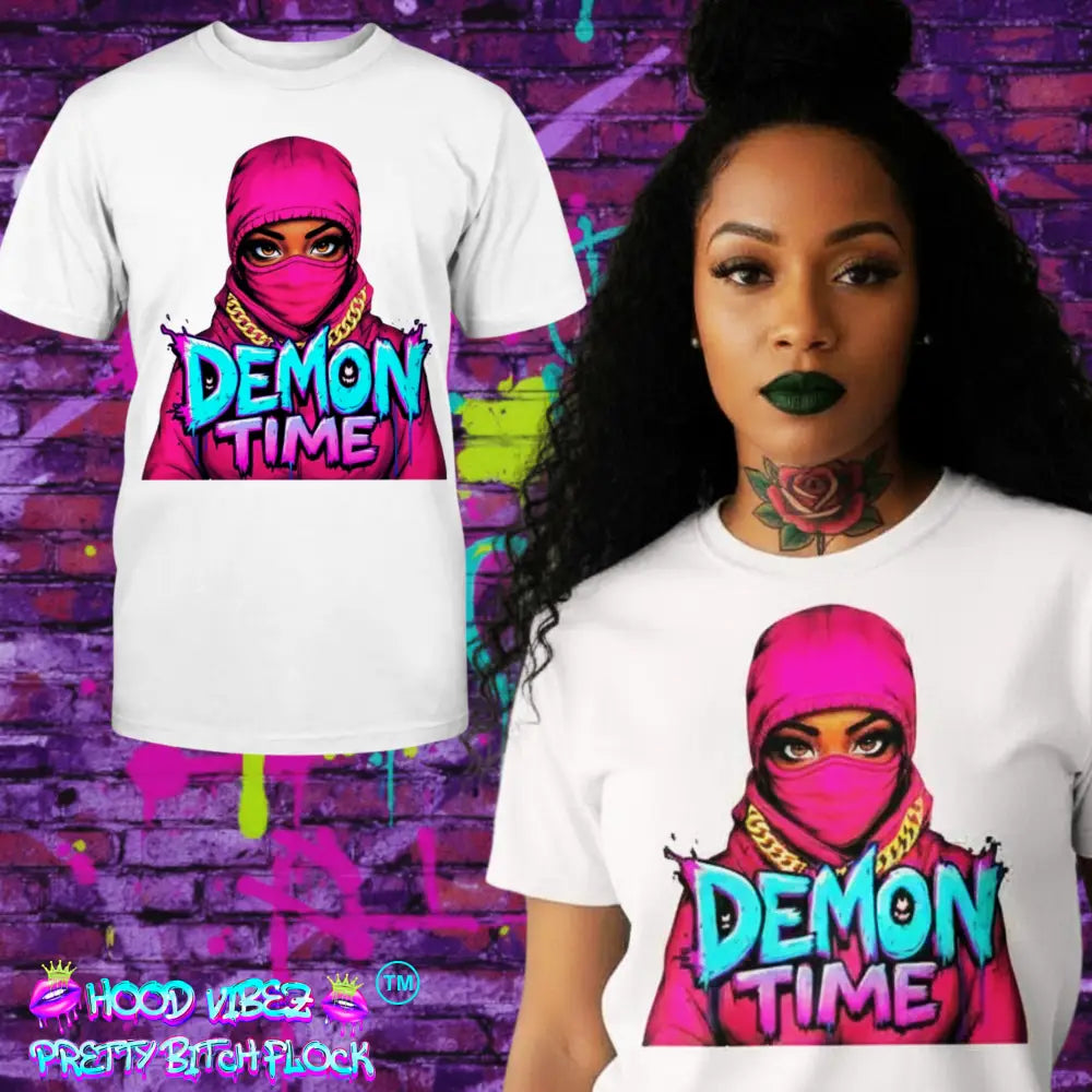 Demon Time graphic tee featuring pink ski mask baddie illustration with bold graffiti typography on white streetwear t-shirt by Hood Vibez Pretty Bitch Flock