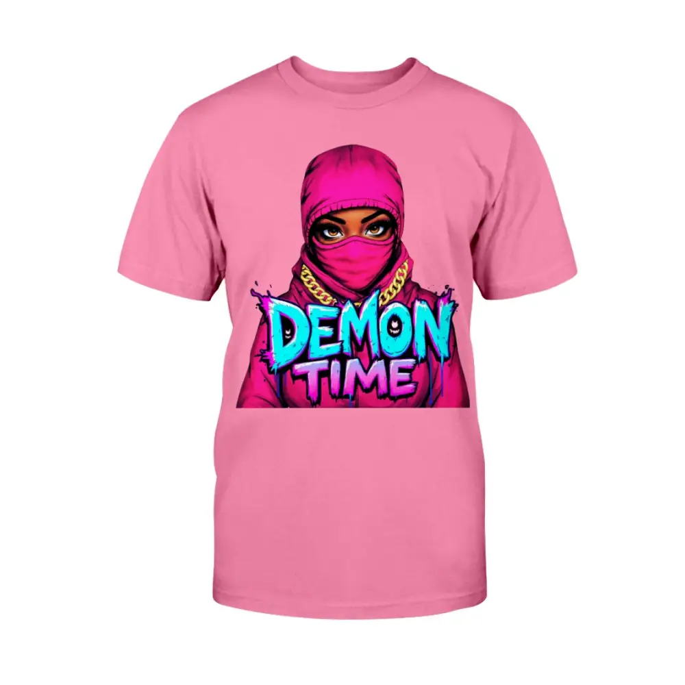 Demon Time graphic tee featuring pink ski mask baddie illustration with bold graffiti typography on pink streetwear t-shirt by Hood Vibez Pretty Bitch Flock