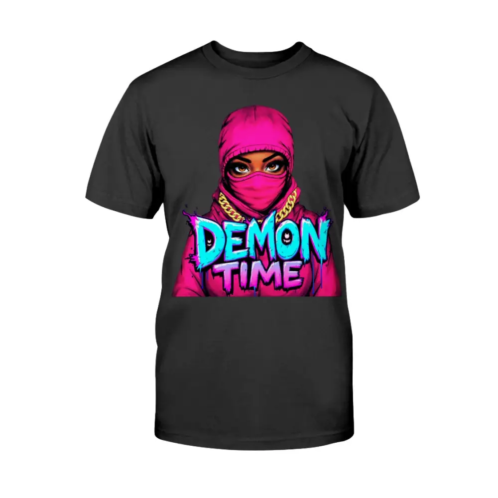 Demon Time graphic tee featuring pink ski mask baddie illustration with bold graffiti typography on black streetwear t-shirt by Hood Vibez Pretty Bitch Flock