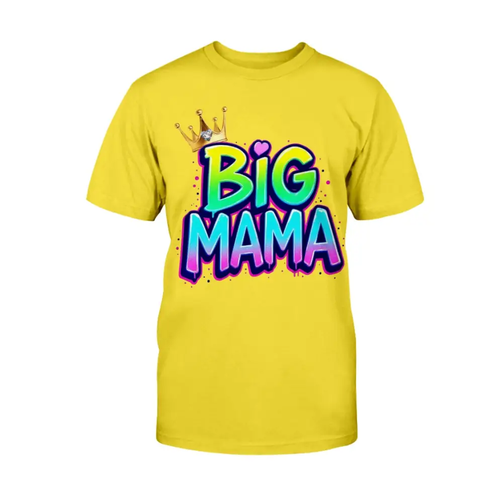 Yellow t-shirt with 'Big Mama' text and crown graphic on a white background